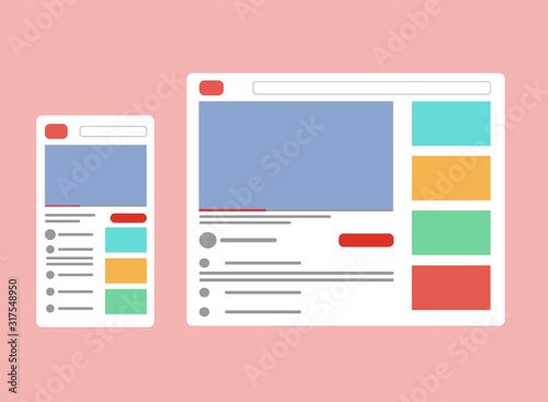 Desktop Video player. PC and smartphone social media interface. Play video online mock up subscribe button. Tube window with navigation icon. Vector illustration.