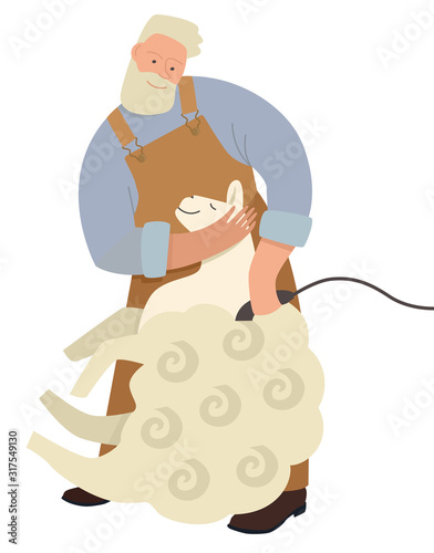 Farming today Farmer shearing his sheep for wool Countryside and farmland, agricultural industrial. Organic farm Cartoon Flat Vector Illustration Isolated object