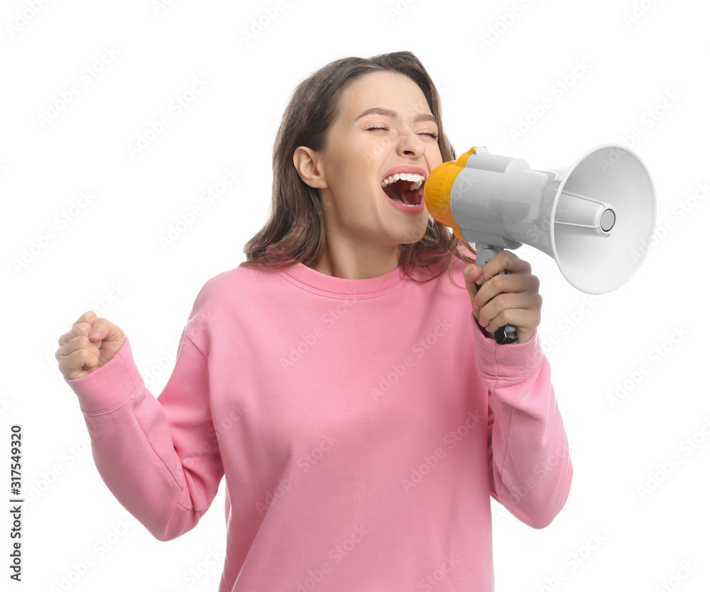 Young woman with megaphone on white background Young woman with megaphone on white background