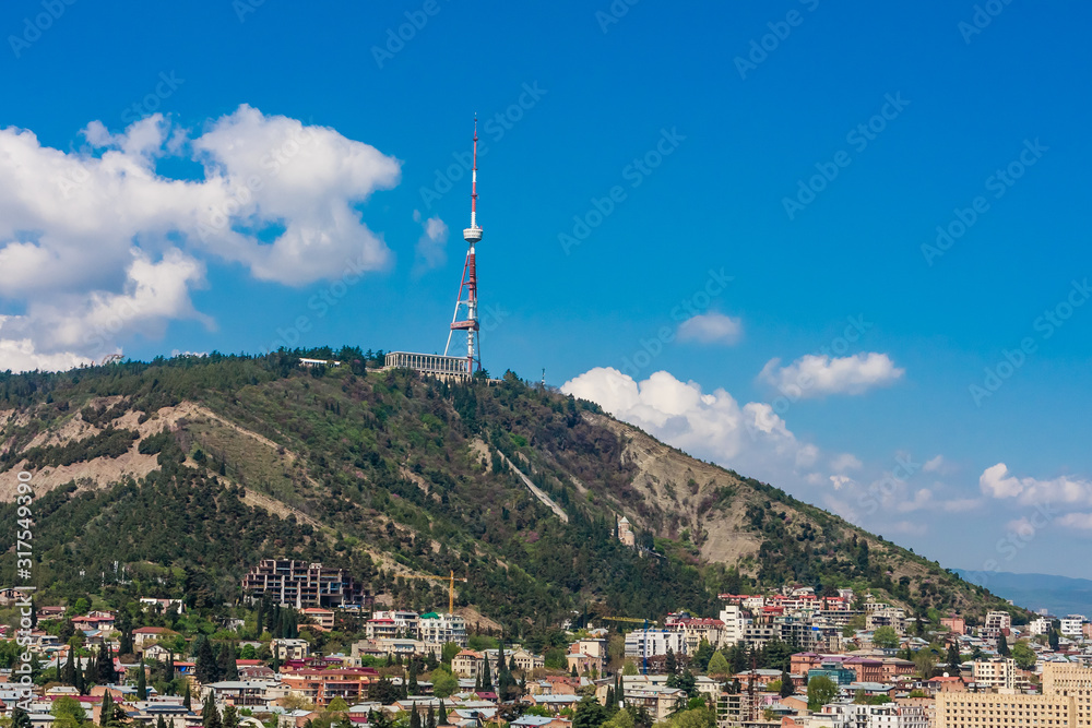 Tbilisi TV Broadcasting Tower on Mtatsminda Hill.  View from Funicular railway from Rike Park to Narikala Fortress. Georgia