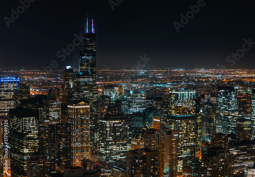 Chicago cityscape skyscrapers at night aerial view © Tierney