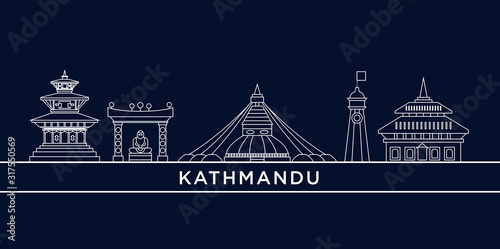 Nepal, Kathmandu architecture line skyline illustration. Linear vector cityscape with famous landmarks, city sights, design icons. Landscape 