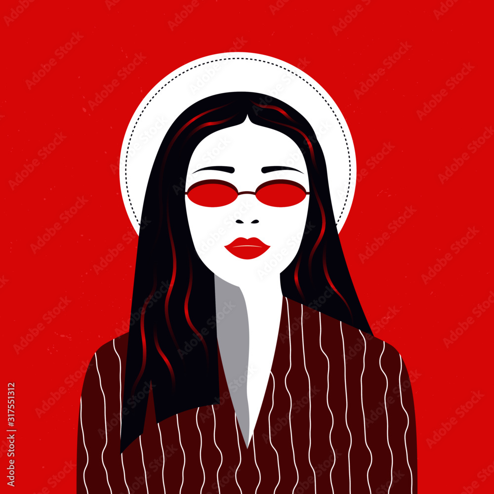 Fashion model girl portrait. Cartoon woman face in sunglasses and hat, trendy design for posters, social media, logo. Abstract vector illustration Fashion model girl portrait. Cartoon woman face in sunglasses and hat, trendy design for posters, social media, logo. Abstract vector illustration