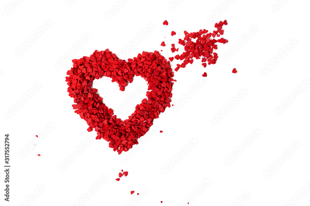 Red Heart Made of Sugar Sprinkle Dot Hearts, Decoration for Cake and Bakery on White Background