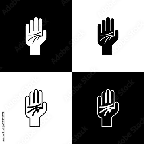 Set Palmistry of the hand icon isolated on black and white background. Vector Illustration