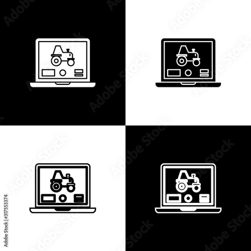 Set Laptop application for control a autonomous tractor on a smart farm icon isolated on black and white background. Smart agriculture implement. Vector Illustration