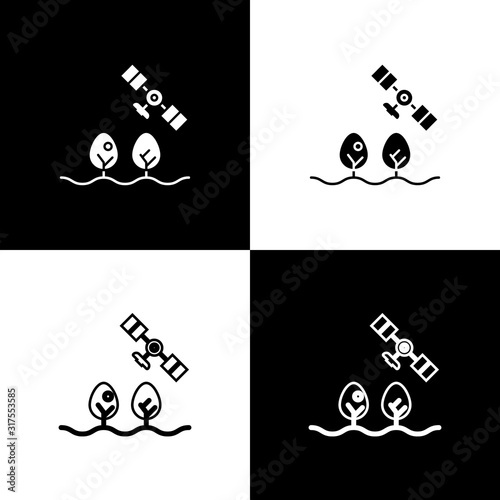 Set Smart farm with drone control and tree icon isolated on black and white background. Innovation technology for agricultural company. Vector Illustration