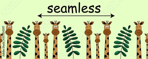 Seamless horizontal kids flat doodle illustration with giraffes family for kids sites, books, cards, t-shirts, greetings, banner or border for web. Cute baby illustration