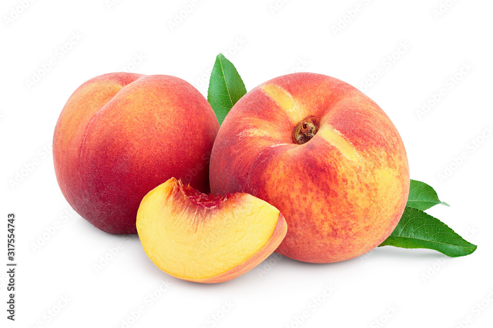 Ripe peach fruit and slice with leaf isolated on white background Ripe peach fruit and slice with leaf isolated on white background