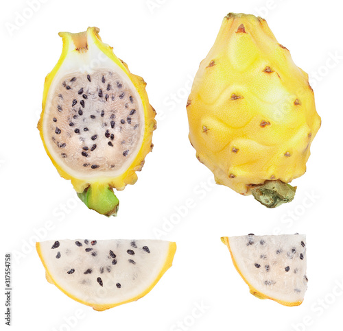 Dragon fruit, Pitaya or Pitahaya yellow isolated on white background. Top view. Flat lay, Set or collection