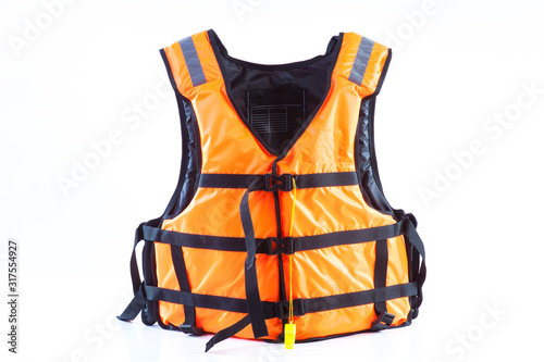 orange life jacket on white background, vest undone, isolated