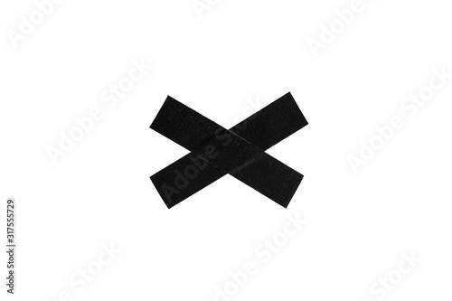black cloth gaffer tape cross isolated on white background.