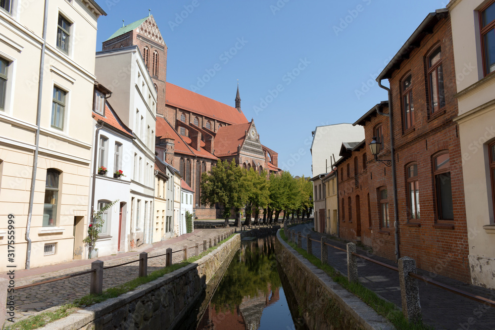 Muehlengrube River with St. Nicholas Church, Wismar, Mecklenburg-Western Pomerania, Germany