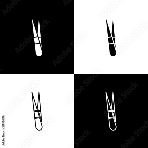 Set Eyebrow tweezers icon isolated on black and white background. Cosmetic tweezers for ingrown hair. Vector Illustration