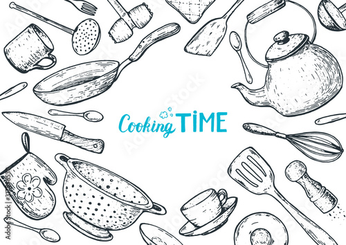 Cooking time illustration. Kitchen utensils hand drawn vector illustration. Cooking time sketch collection. Different kitchen utensils set.
