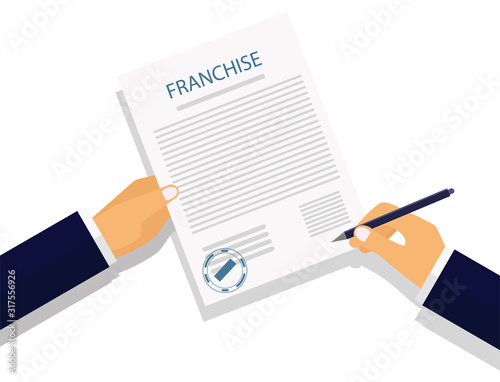 Vector drawing franchise agreement signing on white background