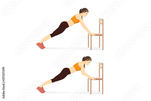 Woman doing exercise with Chair Push Up in 2 step for abs muscles building. Illustration about workout with home equipment.