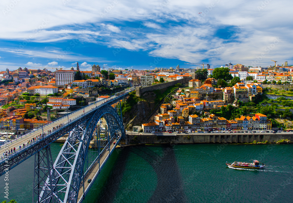 Portugal  Porto panorama, panoramic view of The Eiffel Bridge, Ponte Dom Luis, Bridge Ponti Di Don Luis, Douro river, Porto by the river, panoramic view of Porto city, old town of Porto, Porto in June