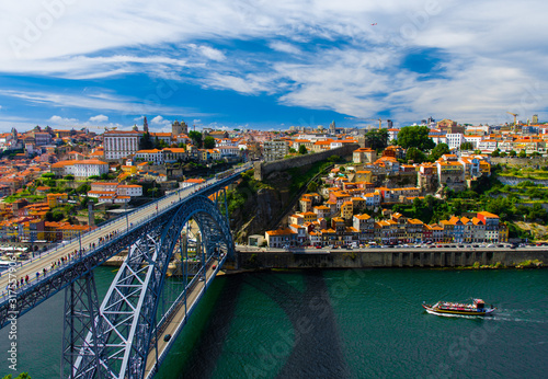 Portugal Porto panorama, panoramic view of The Eiffel Bridge, Ponte Dom Luis, Bridge Ponti Di Don Luis, Douro river, Porto by the river, panoramic view of Porto city, old town of Porto, Porto in June