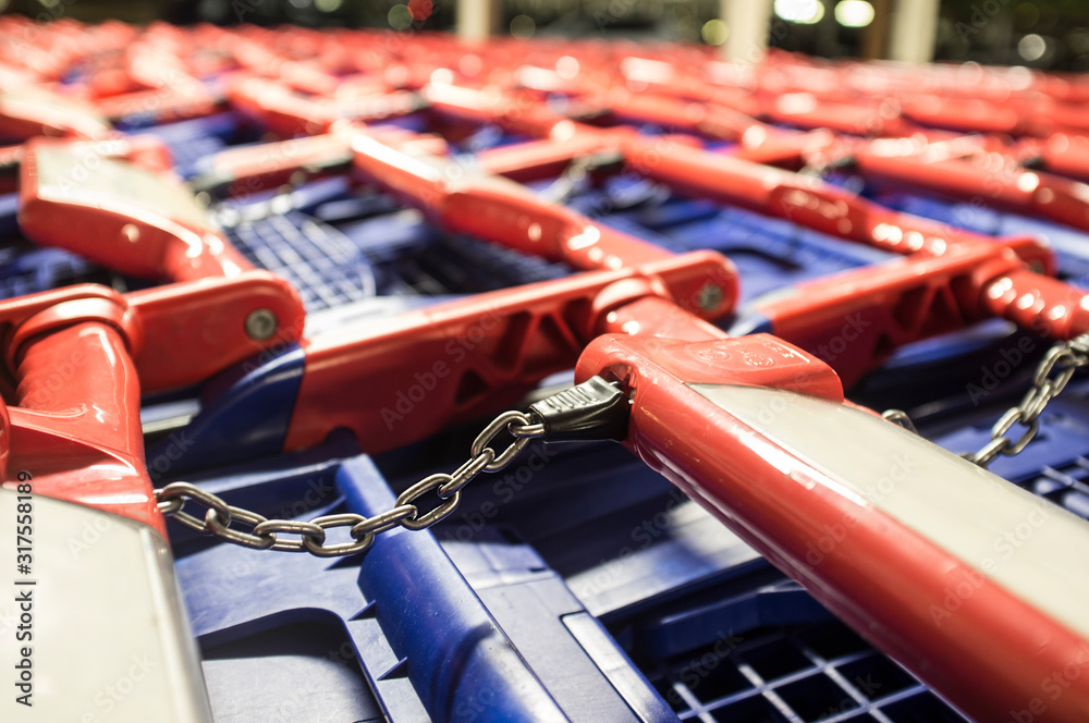 Blue-red shopping carts on a parking