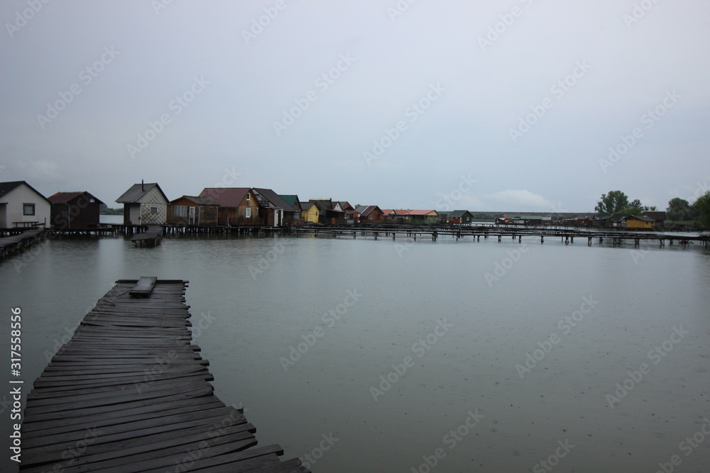 Fototapeta premium Panoramic view of the floating village at Bokodi lake in Hungary.