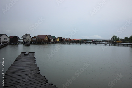 Panoramic view of the floating village at Bokodi lake in Hungary.