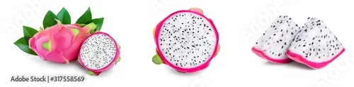 Obraz  z motywem Ripe Dragon fruit, Pitaya or Pitahaya isolated on white background, fruit healthy concept. Set or collection
