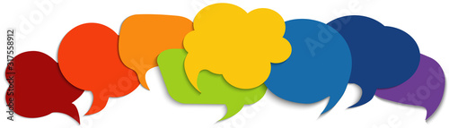Colored speech bubble. Sharing ideas and thoughts between multiethnic and multicultural peoples. Community. Social network. Cloud. Friendship connection and dialogue different cultures