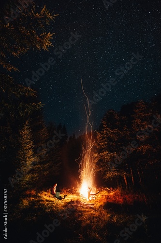 Tablou canvas Young female sitting on chair in the wilderness forest near the big campfire under the milkyway