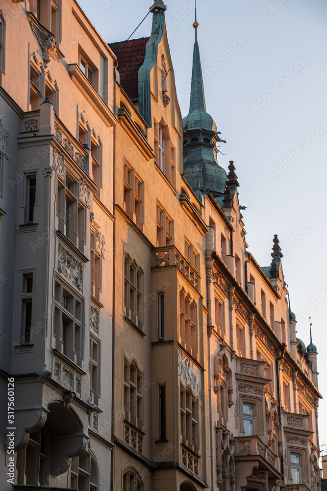 Sunlit old buildings in  city Prague