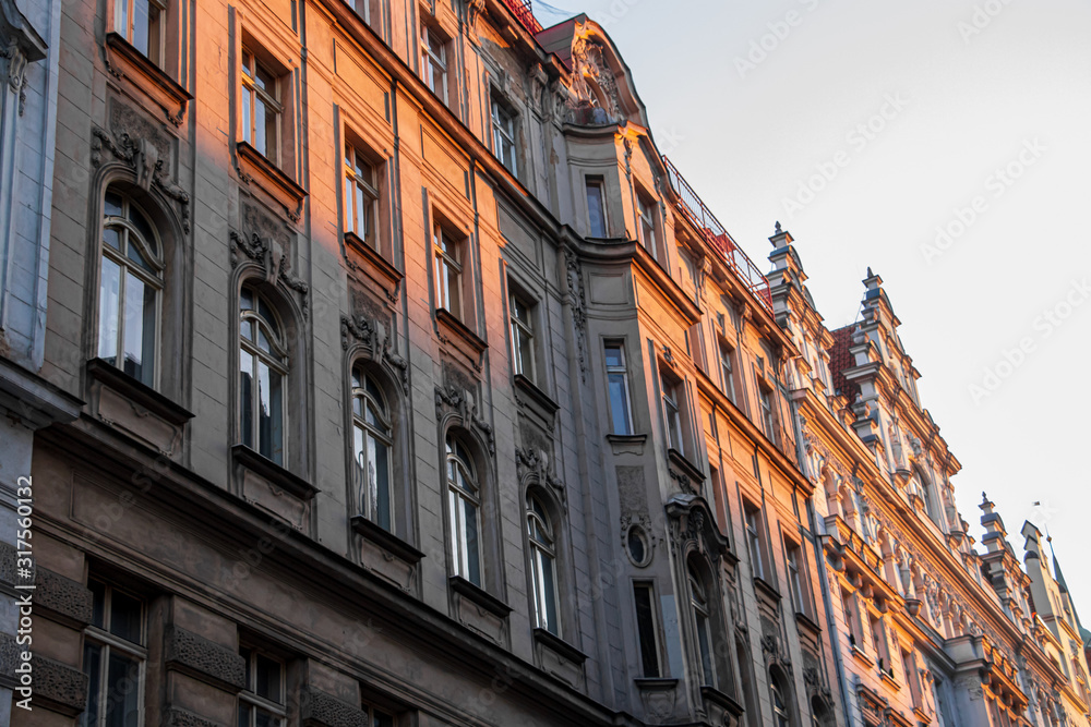 Sunlit old buildings in Prague