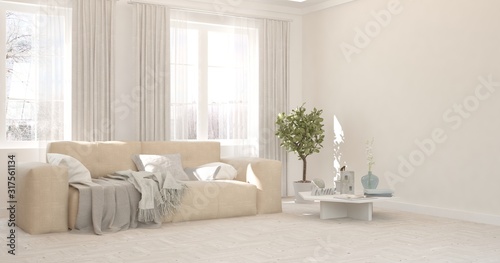 Stylish room in white color with sofa and winter landscape in window. Scandinavian interior design. 3D illustration