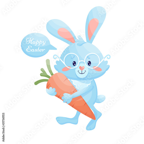 Easter blue bunny with a carrot. Vector Illustration.