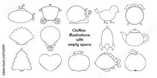 Outline illustrations set with empty space of: submarine, coach, snail, bird, alarm clock, shell, aerostat balloon,  rocket, kettle, Christmas tree, heart, pumpkin, fish, apple.
