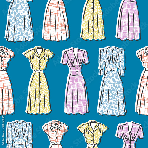 Vector seamless pattern with vintage dresses. Fashion and sewing hand-drawn illustration. 50s wardrobe repeat design.