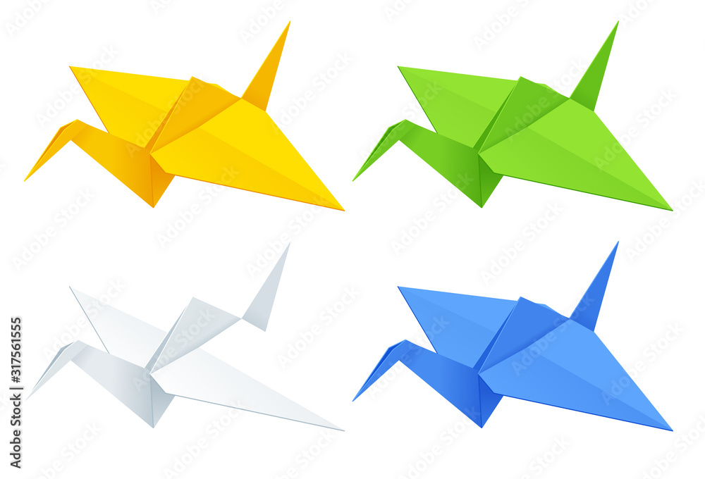 Fototapeta premium Isometric colorise set of Origami paper cranes on white background.