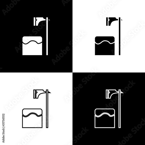 Set Executioner axe in tree block icon isolated on black and white background. Hangman, torturer, executor, tormentor, butcher, headsman. Vector Illustration