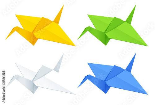 Isometric colorise set of Origami paper cranes on white background.