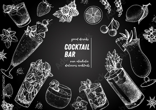 Alcoholic cocktails hand drawn vector illustration. Cocktails sketch set. Engraved style. Mai tai, singapore sling, mojito, whisky sour, mint julep, bloody mary, pina colada.