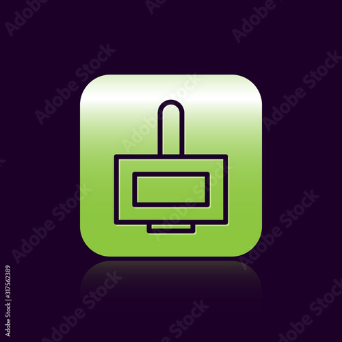 Black line Nail polish bottle icon isolated on black background. Green square button. Vector Illustration