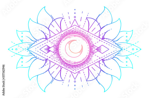 Sacred Geometry and Boo symbol set. Ayurveda sign of harmony and balance. Tattoo design, yoga logo. poster, t-shirt textile. Colorful rainbow gradient over black.