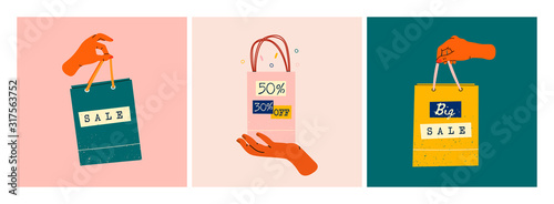 Female hands holding colorful Shopping or gift Bags. Sale sign. Various percents. Sack for purchases, presents. Set of three Hand drawn vector illustrations. Shopping, sale concept