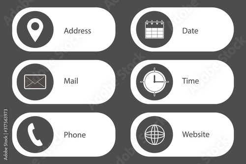 Business card icon. Address. Mail. Phone. Date. Time. Website. Vector illustration.