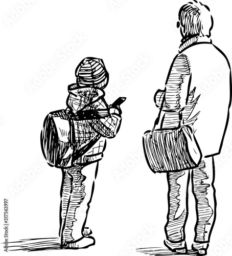 Sketch of little schoolboy and his grandmother standing on urban street
