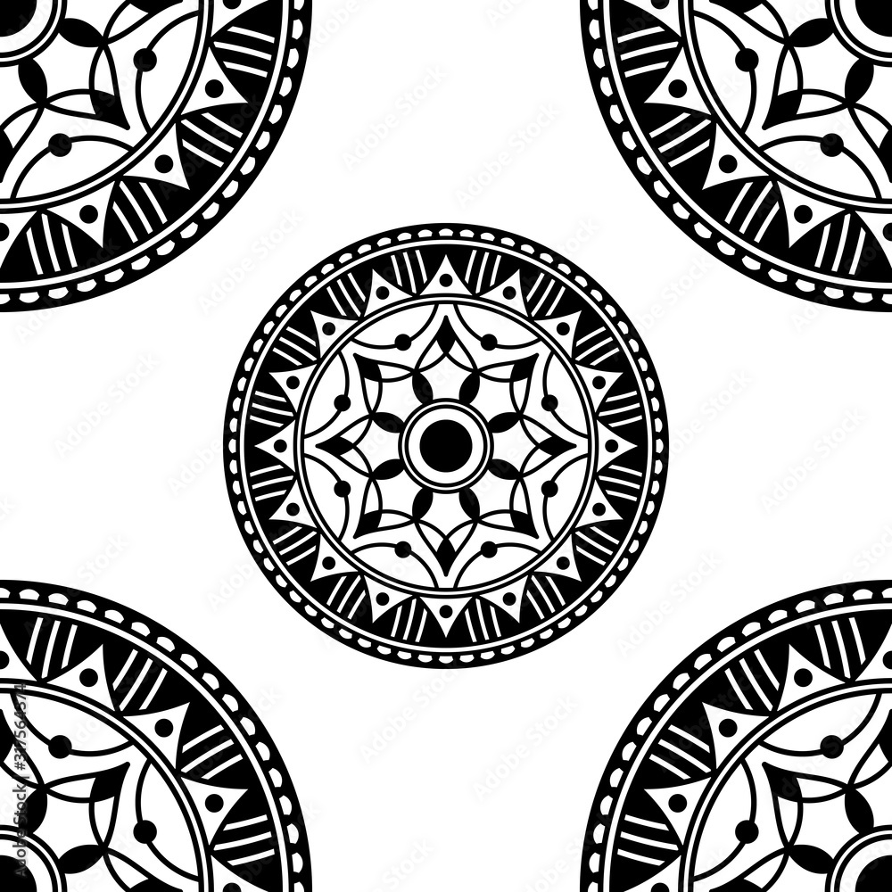 Mandala seamless pattern black and white. Islam, Arabic, Pakistan, Moroccan, Turkish, Indian, Spain motifs. Vector illustration EPS 10