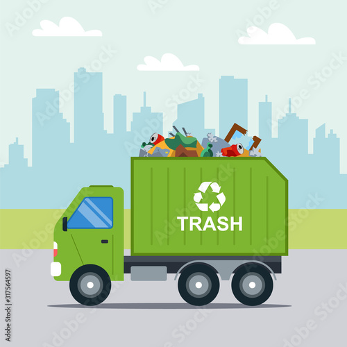 transportation of municipal waste in a municipal green truck. flat vector illustration