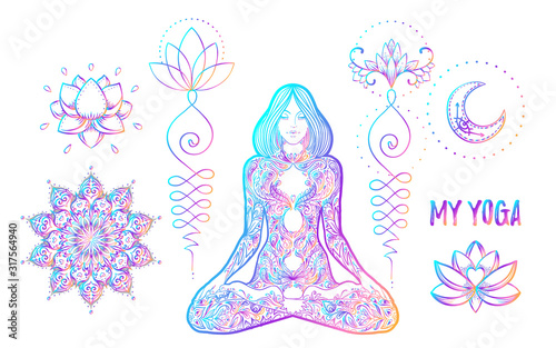 Sacred Geometry and Boo symbol set. Ayurveda sign of harmony and balance. Tattoo design, yoga logo. poster, t-shirt textile. Colorful rainbow gradient over black.