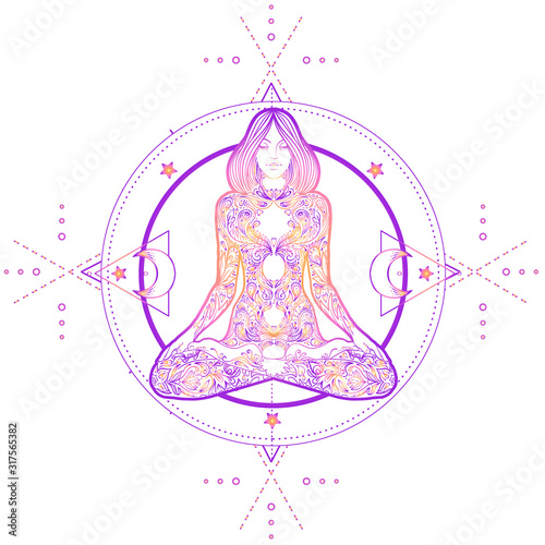 Sacred Geometry and Boo symbol set. Ayurveda sign of harmony and balance. Tattoo design, yoga logo. poster, t-shirt textile. Colorful rainbow gradient over black.
