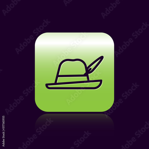 Black line Oktoberfest hat icon isolated on black background. Hunter hat with feather. German hat. Green square button. Vector Illustration