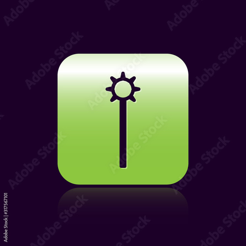 Black line Medieval chained mace ball icon isolated on black background. Medieval weapon. Green square button. Vector Illustration